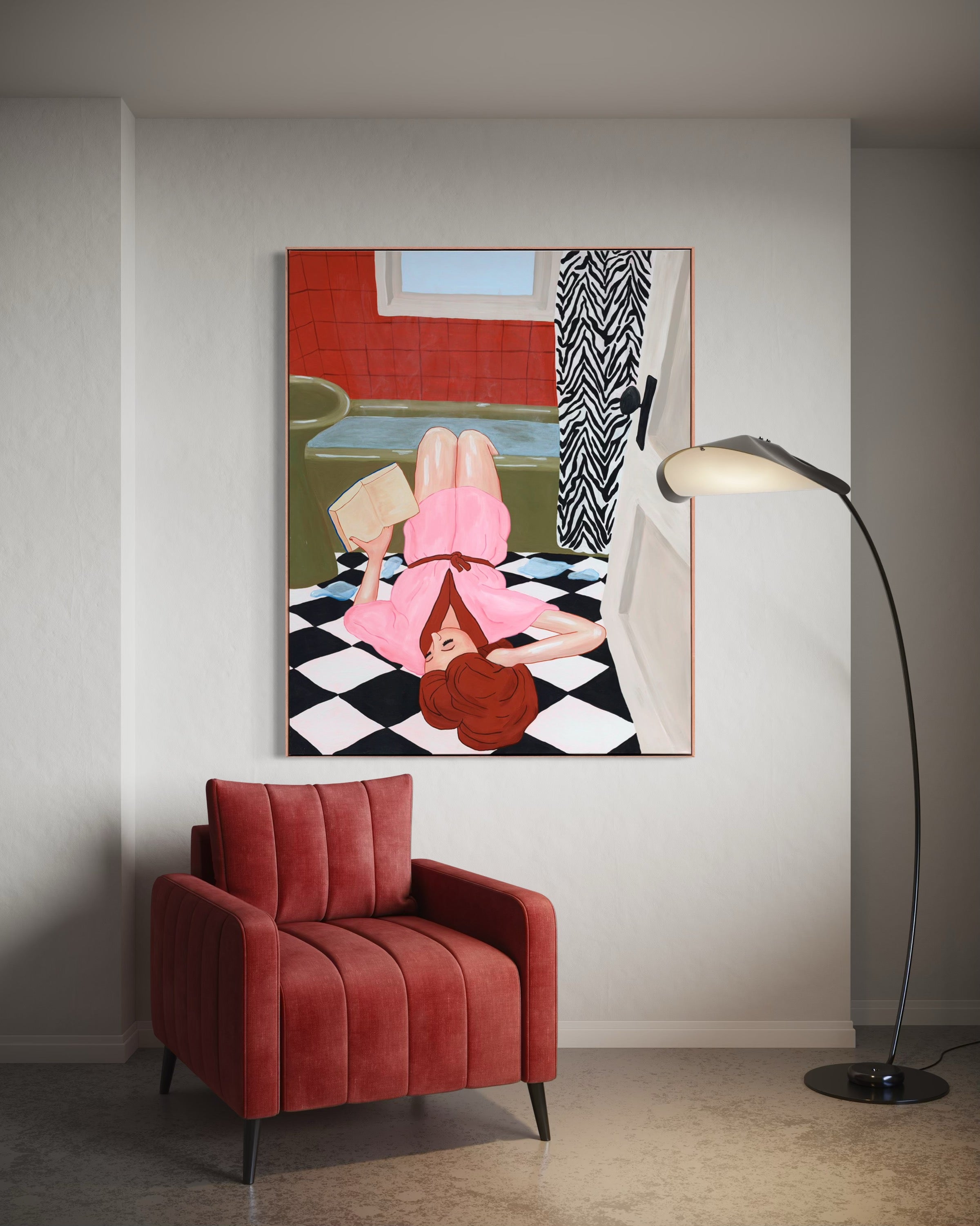 Sunday morning having a read, feet in the tub, 2025